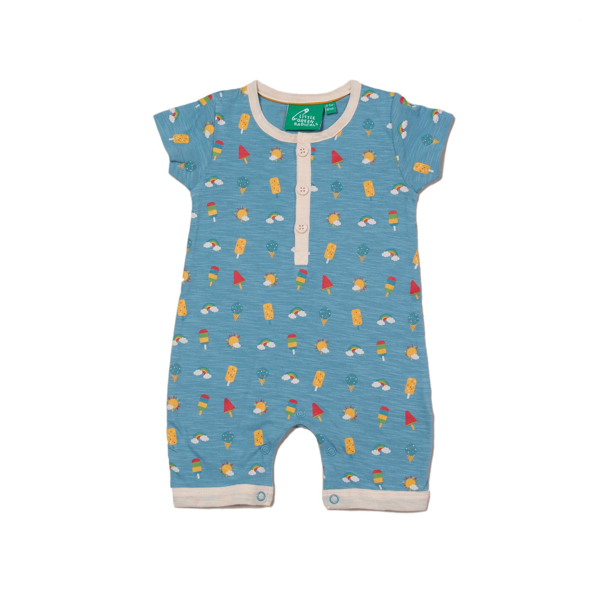 Macacão-Romper Summer Days-Tecido 100% Algodão Orgânico Fairtrade O desenho deste babygrow é leve e arejado, com manga curta e pernas até aos joelhos-Tamanho 12 a 18 meses